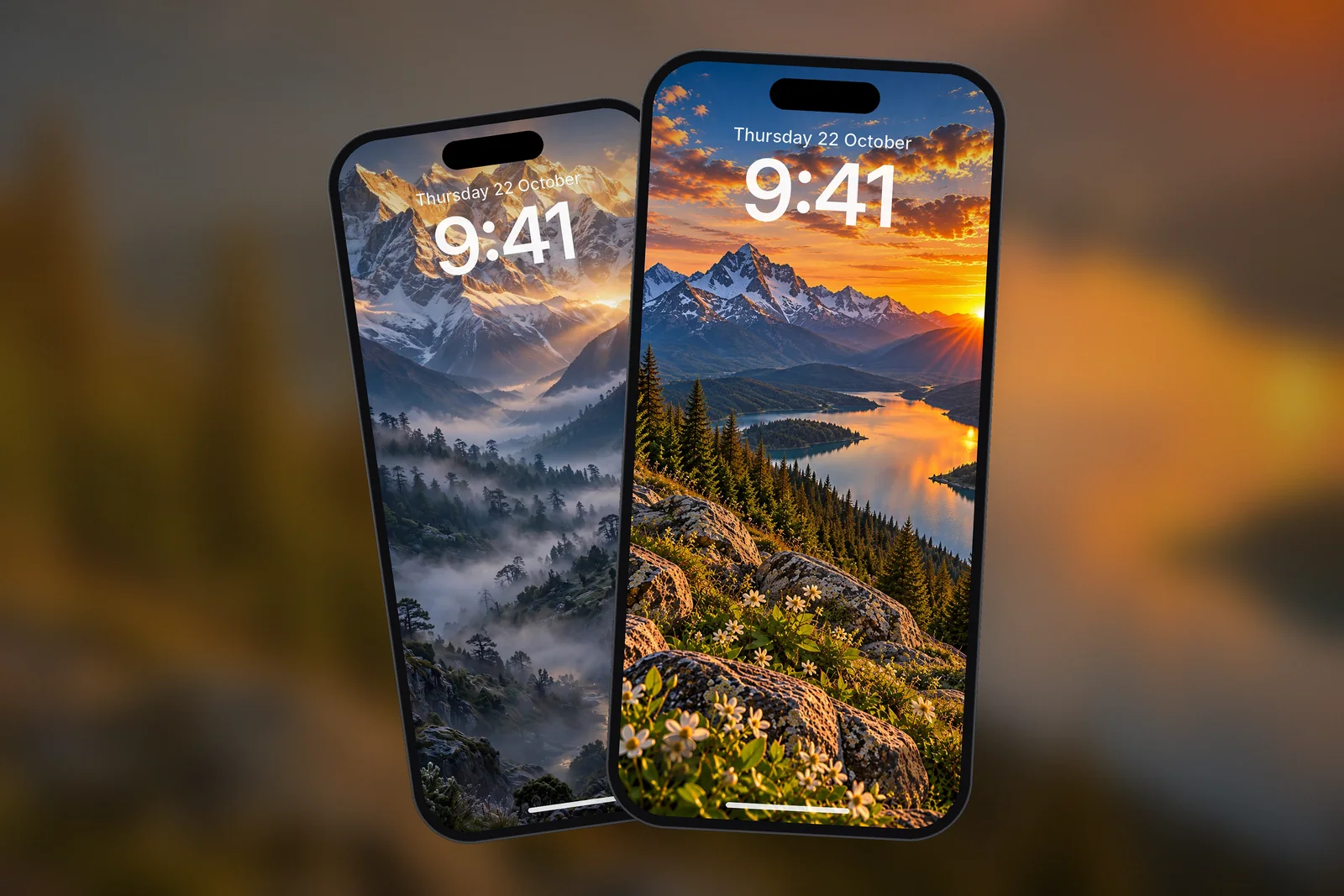 A phone Lock Screen showing the Mountain Lake Sunset wallpaper, with a second phone showing the Himalayan Snow Peaks Sunrise Valley wallpaper behind it