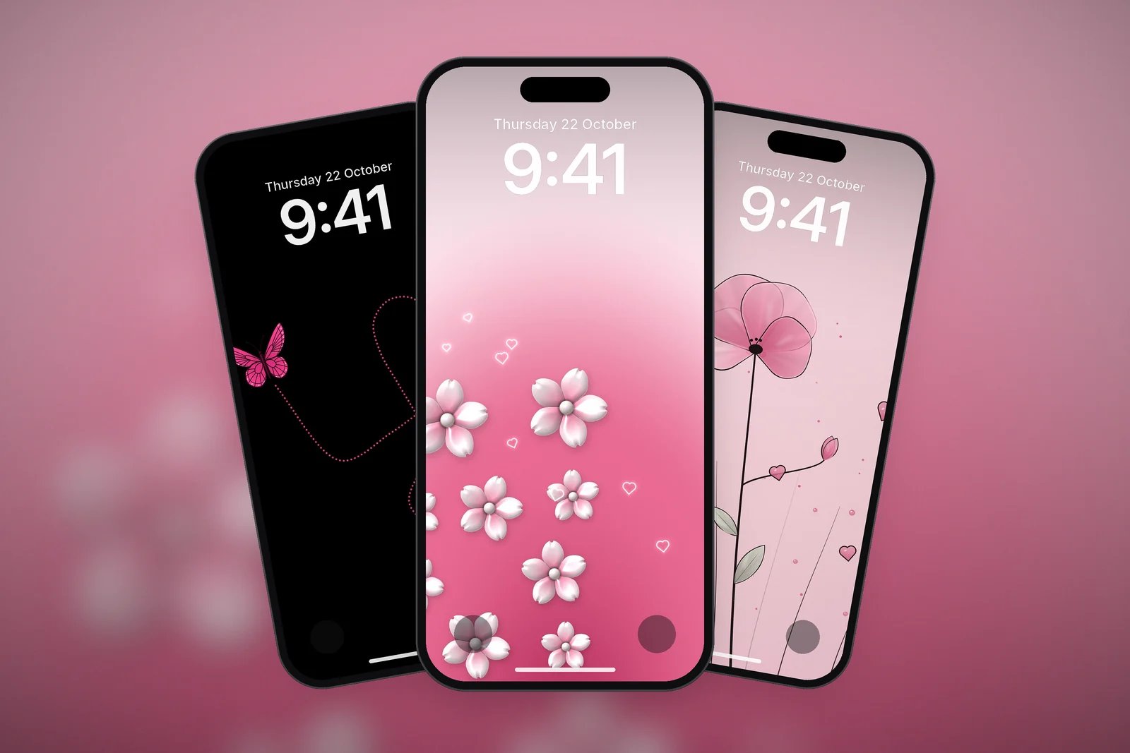 Pink Sakura Scatter, Pink Butterfly Heart Trail and Tall Pink Poppy Line Art