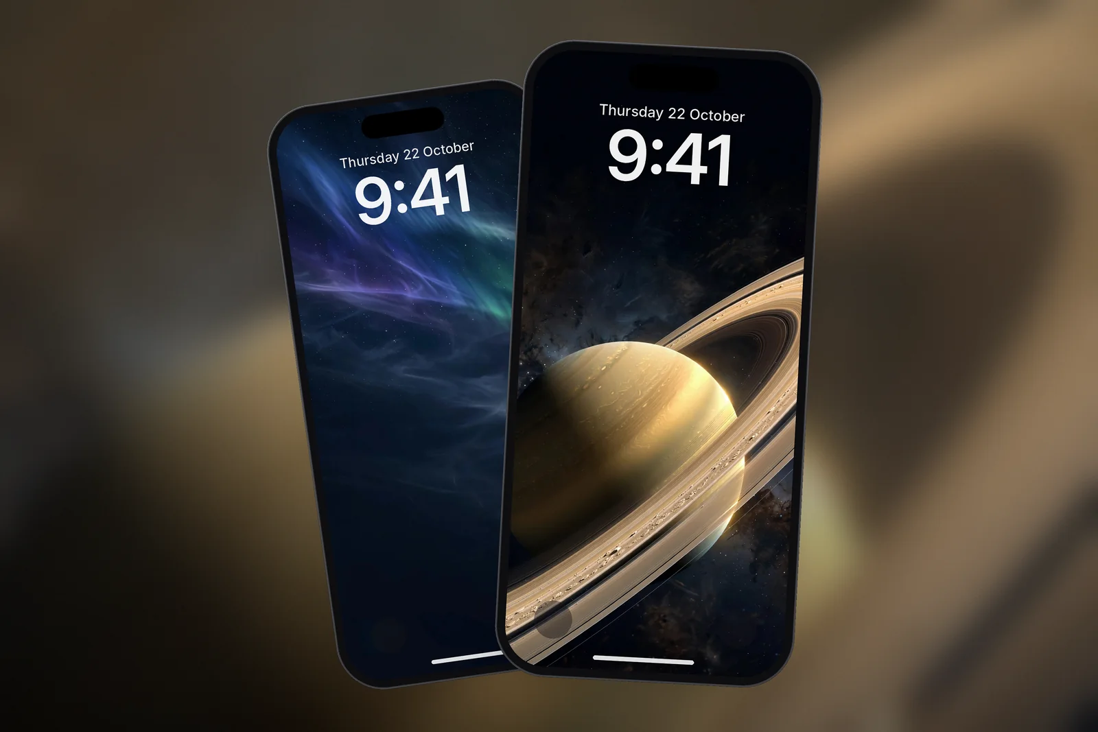 A phone Lock Screen showing the Saturn Rings Close-Up wallpaper, with a second phone showing the Premium Aurora Night Sky wallpaper behind it